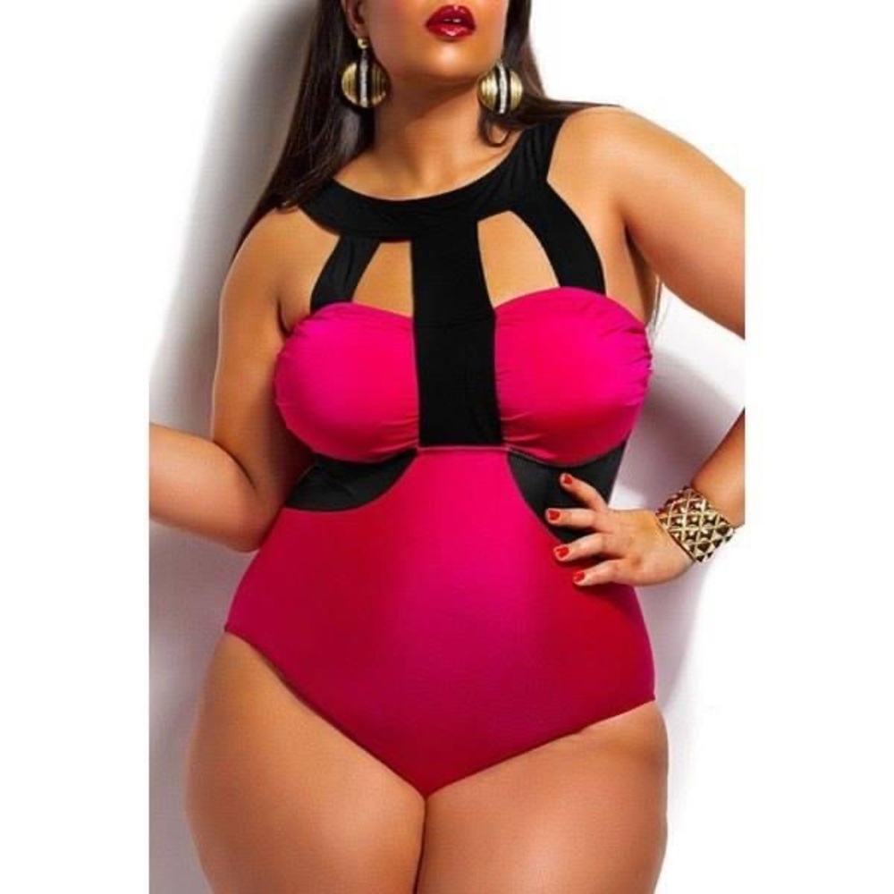 Plus Size Pink and Black Swimsuit with High Neck.